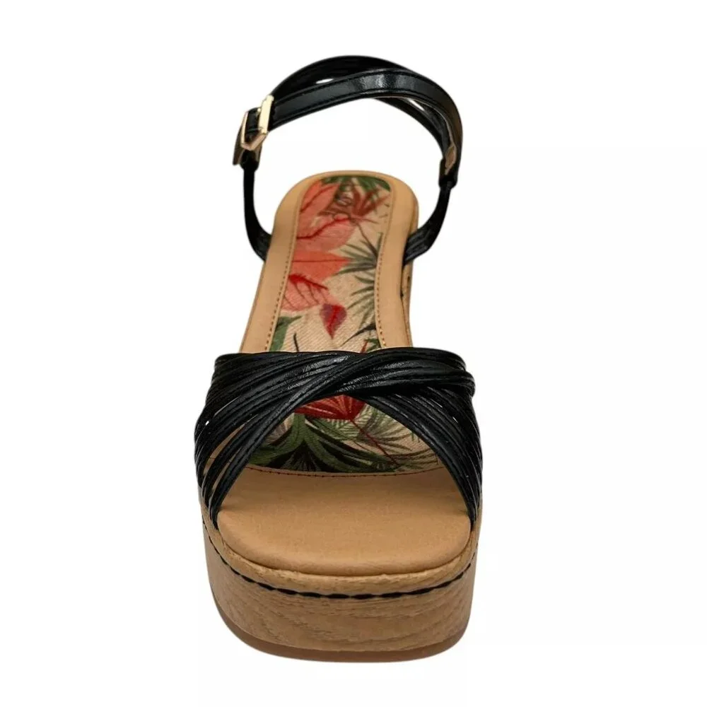 BOC Catalina Women's Platform Wedge Sandal Size 7 Black/Tan Glossy Straps‎ Twist